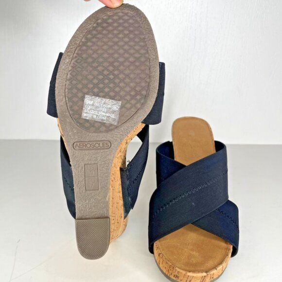 Aerosoles Party Plush Women's Black Stretch Open Toe Cork Wedge Sandal Size 9 - Picture 6 of 10